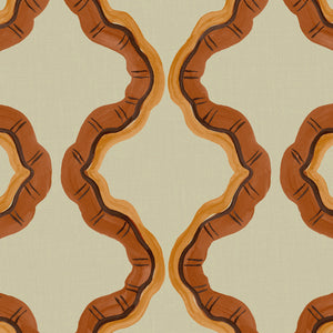 A printed linen fabric sample in orange, brown, and off white featuring a mirrored ribbon pattern.