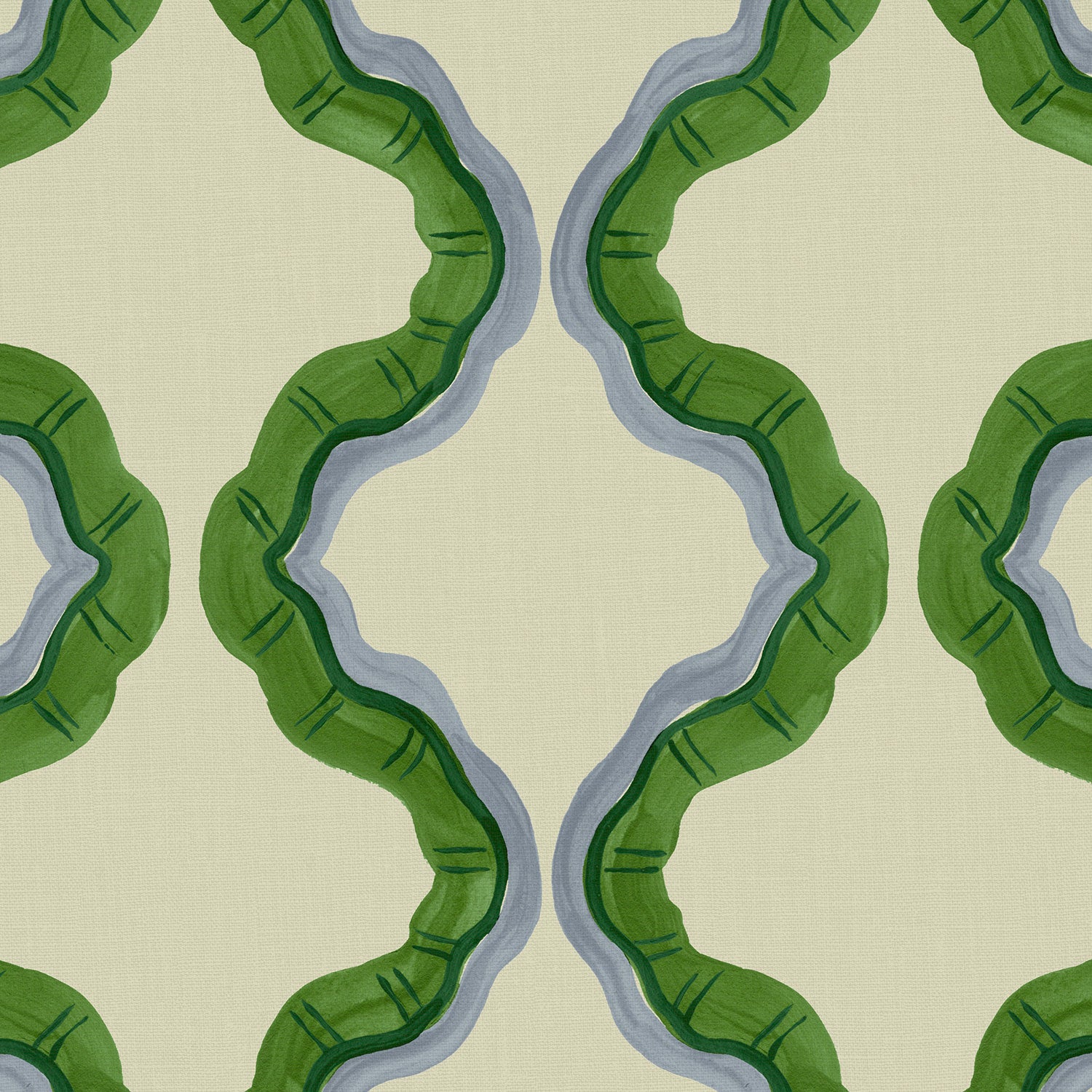 A printed linen fabric sample in green, blue, and off white featuring a mirrored ribbon pattern.