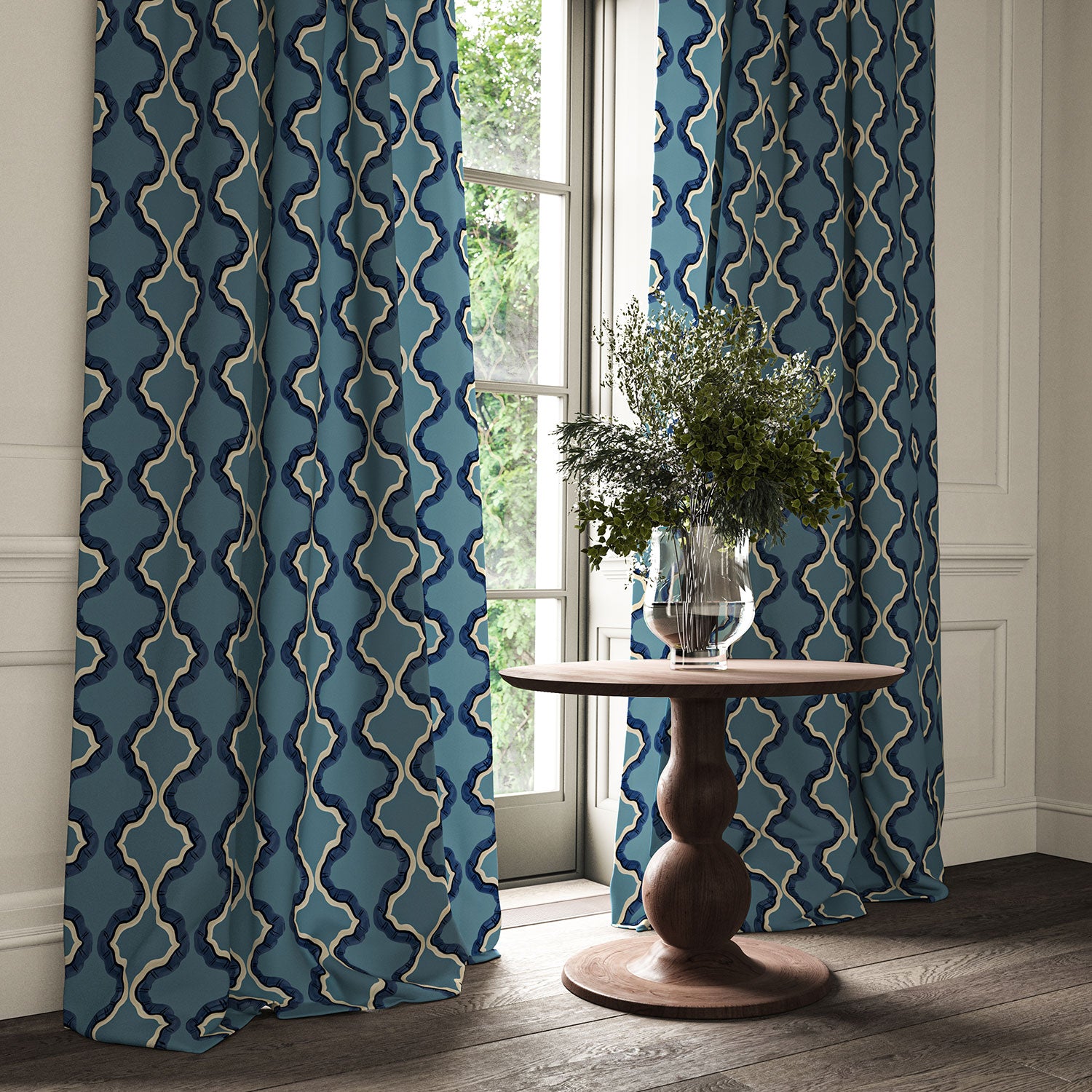 Curtains made from a printed linen fabric in blue, black, and off white featuring a mirrored ribbon pattern.