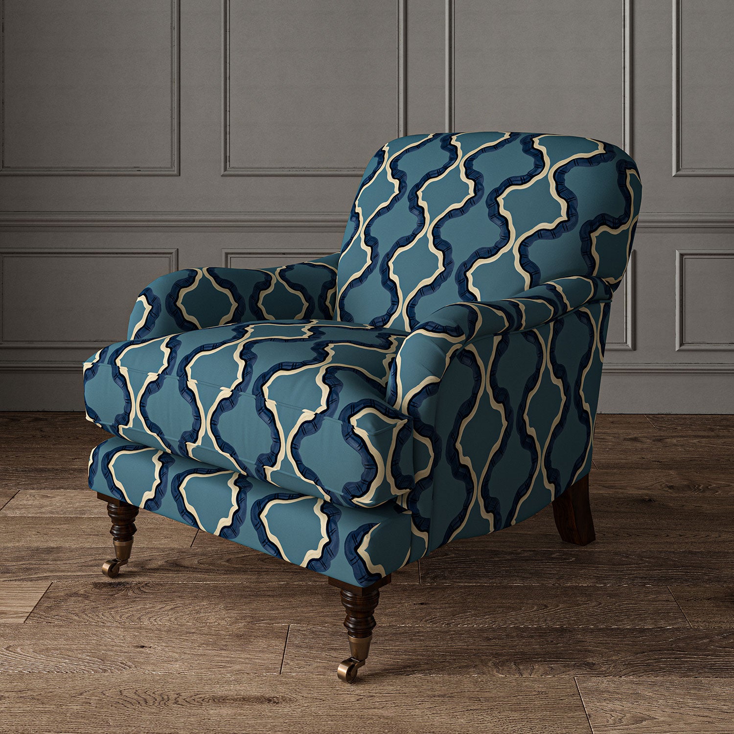 Armchair upholstered in a printed linen fabric in blue, black, and off white featuring a mirrored ribbon pattern.