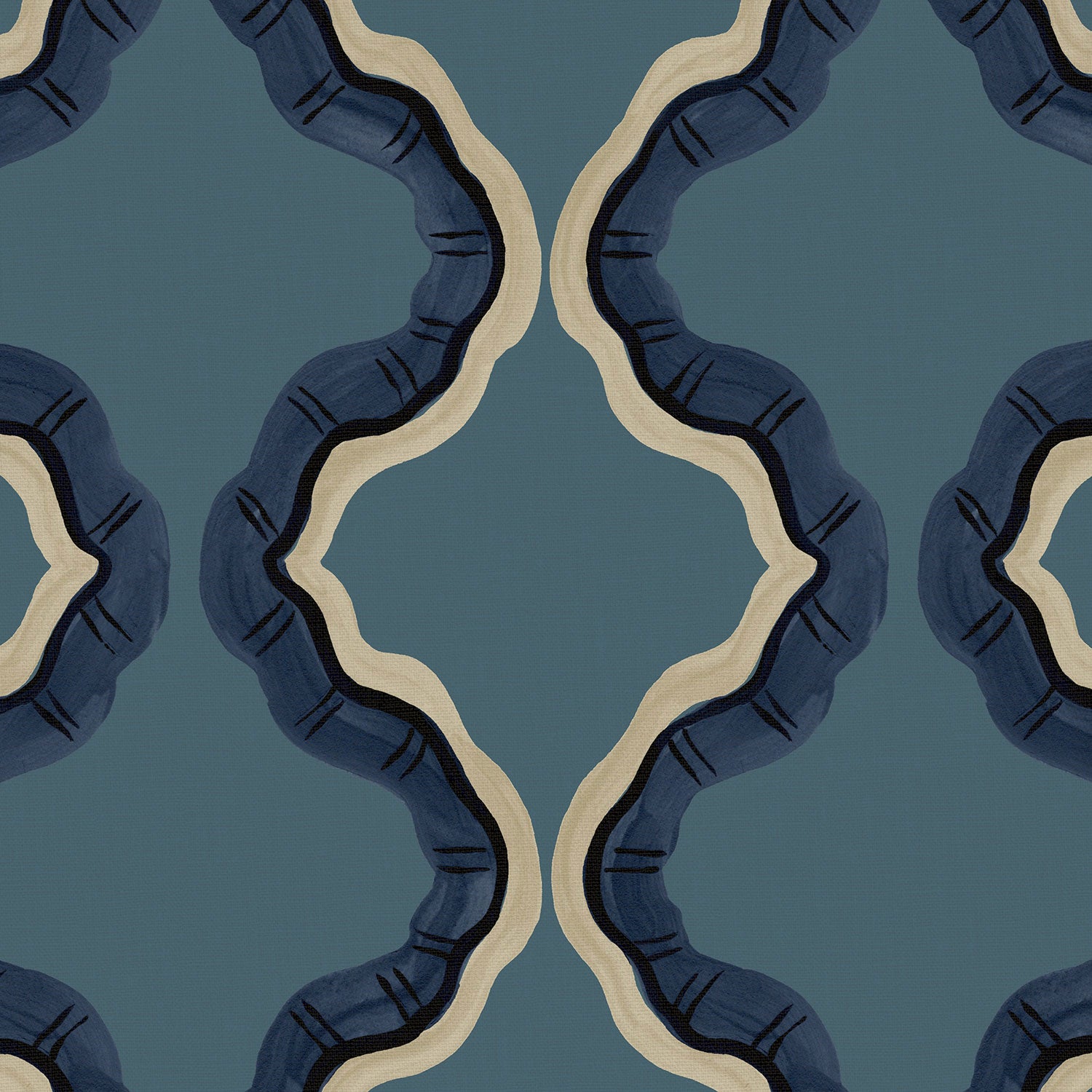 A printed linen fabric sample in blue, black, and off white featuring a mirrored ribbon pattern.