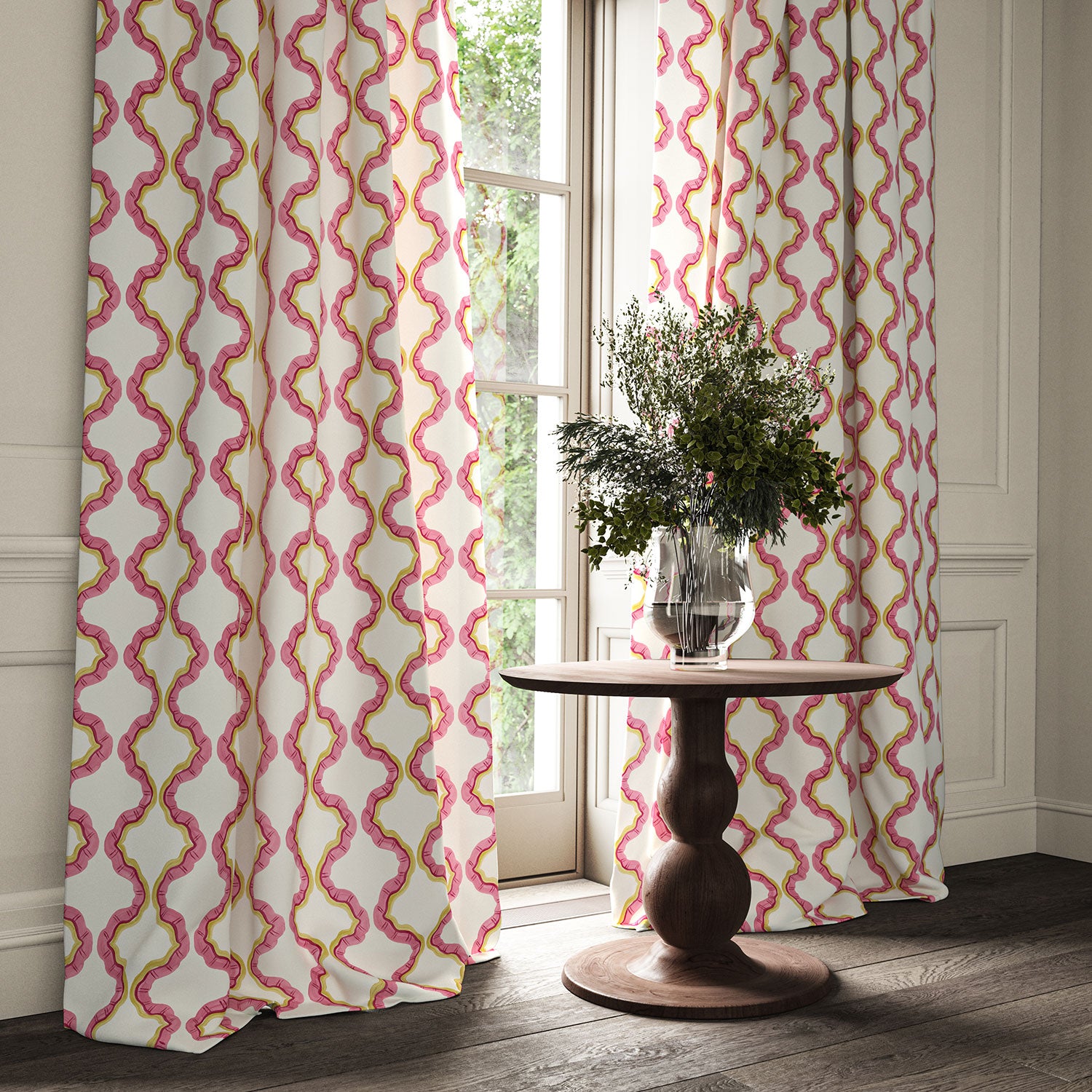 Curtains made from a printed linen fabric in pink, yellow, and off white featuring a mirrored ribbon pattern.