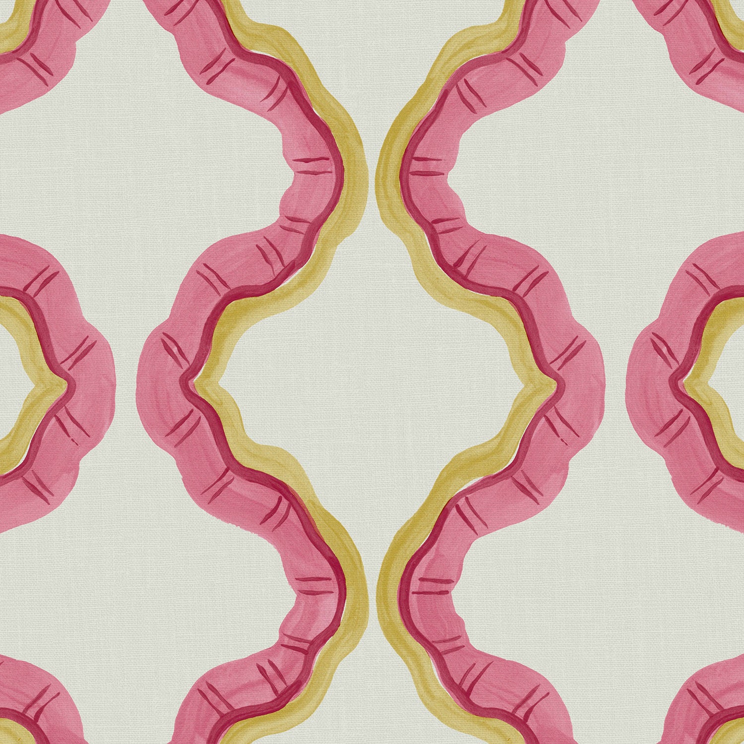 A printed linen fabric sample in pink, yellow, and off white featuring a mirrored ribbon pattern.