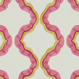 A printed linen fabric sample in pink, yellow, and off white featuring a mirrored ribbon pattern.