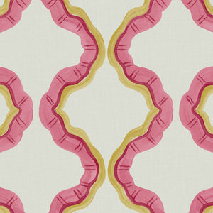 A printed linen fabric sample in pink, yellow, and off white featuring a mirrored ribbon pattern.