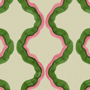 A printed linen fabric sample in pink, green, and off white featuring a mirrored ribbon pattern.