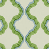 A printed linen fabric sample in blue, green, and off white featuring a mirrored ribbon pattern.