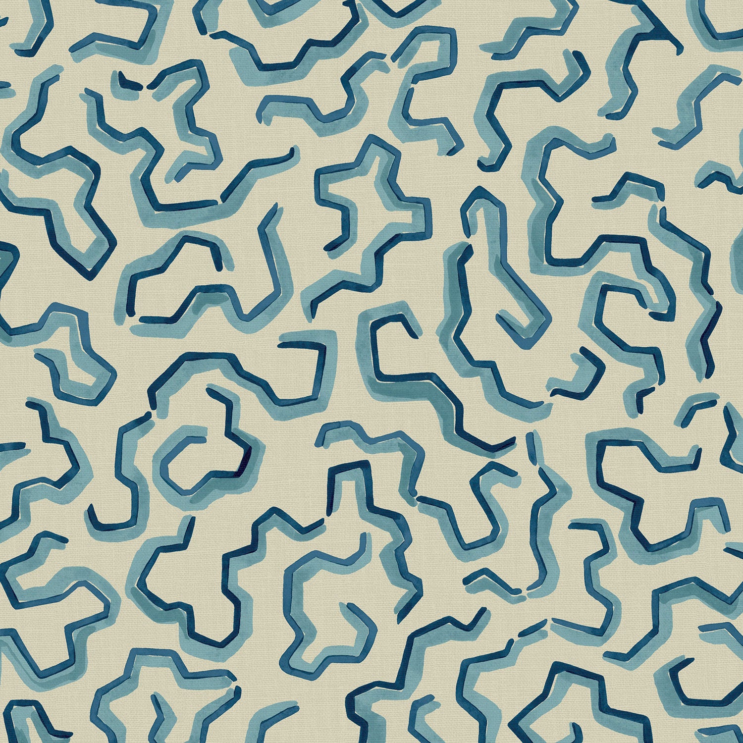 A printed linen fabric sample in blue and off white featuring a feel of a classic animal print.