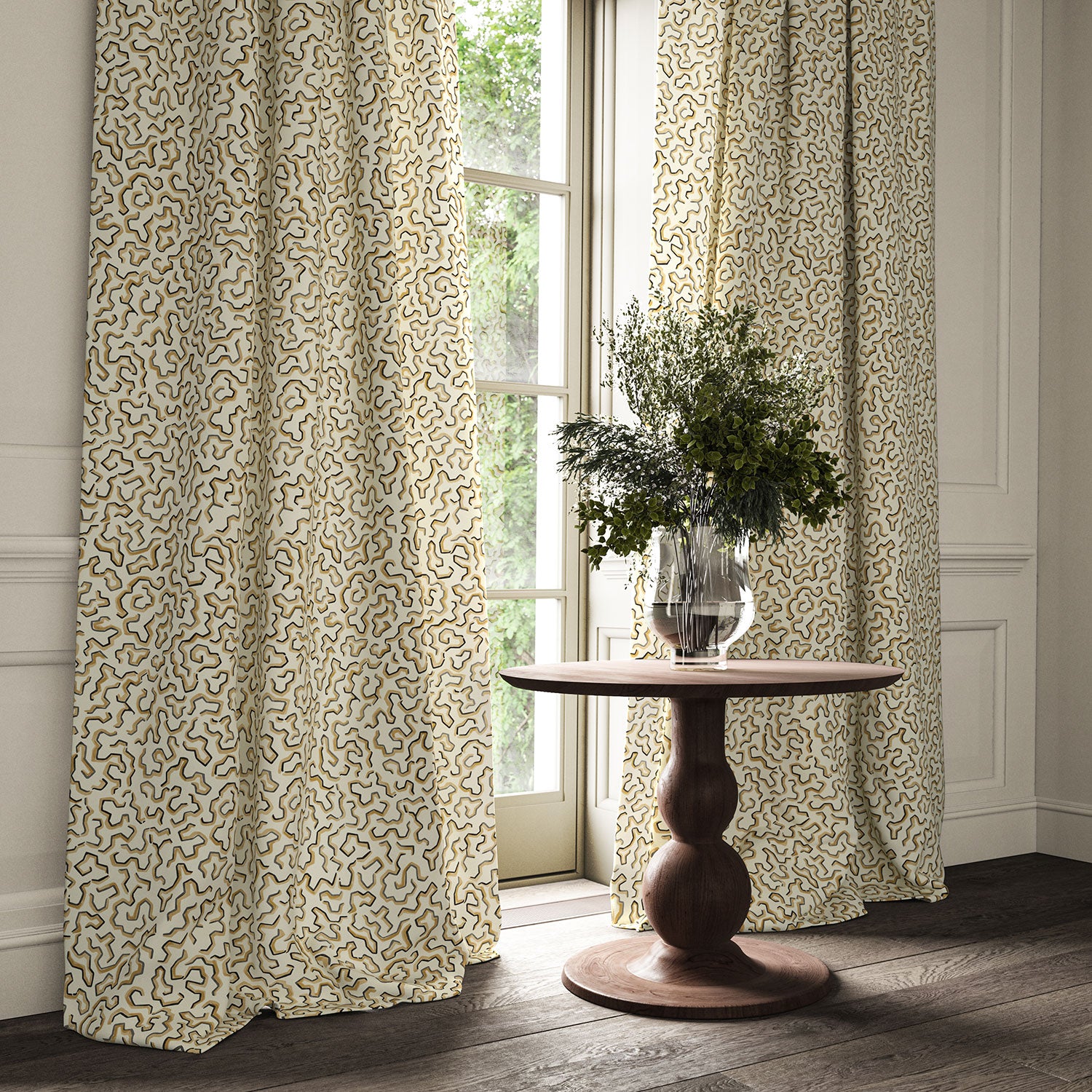 Curtains made from a printed linen fabric in brown, beige, and off white featuring a feel of a classic animal print.