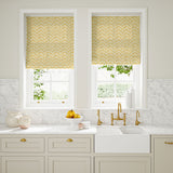 Blinds made from a printed linen fabric in yellow, blue and off white featuring a Japanese print.