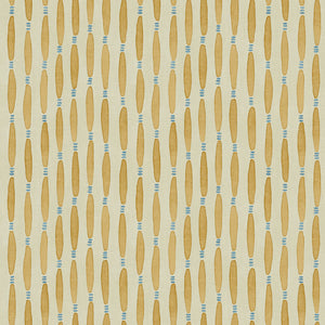 A printed linen fabric sample in yellow, blue and off white featuring a Japanese print.