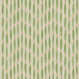 A printed linen fabric sample in green, pink, and off white featuring a Japanese print.