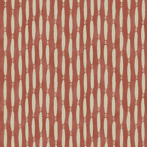 A printed linen fabric sample in red and off white featuring a Japanese print.