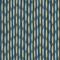 A printed linen fabric sample in blue and off white featuring a Japanese print.