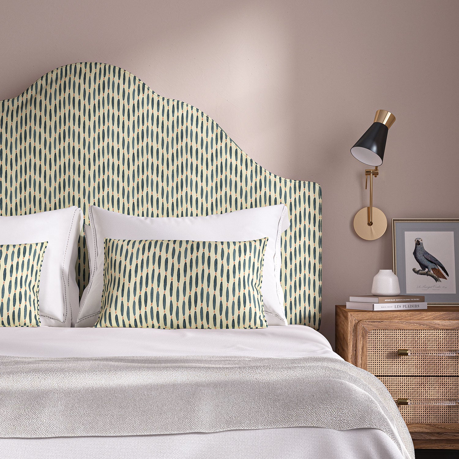 Headboard upholstered in a printed linen fabric in blue, orange, and off white featuring a Japanese print.