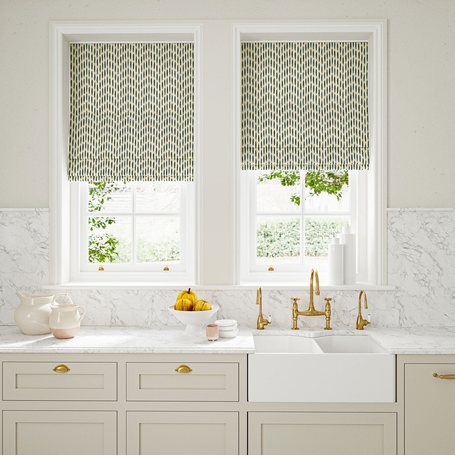 Blinds made from a printed linen fabric in blue, orange, and off white featuring a Japanese print.