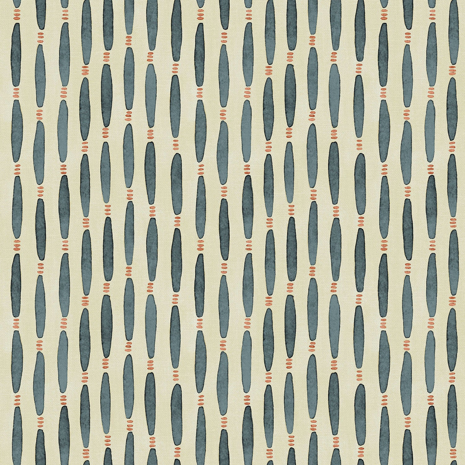 A printed linen fabric sample in blue, orange, and off white featuring a Japanese print.
