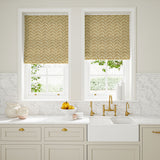 Blinds made from a printed linen fabric in orange and off white featuring a Japanese print.