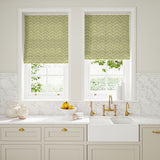 Blinds made from a printed linen fabric in green and off white featuring a Japanese print.