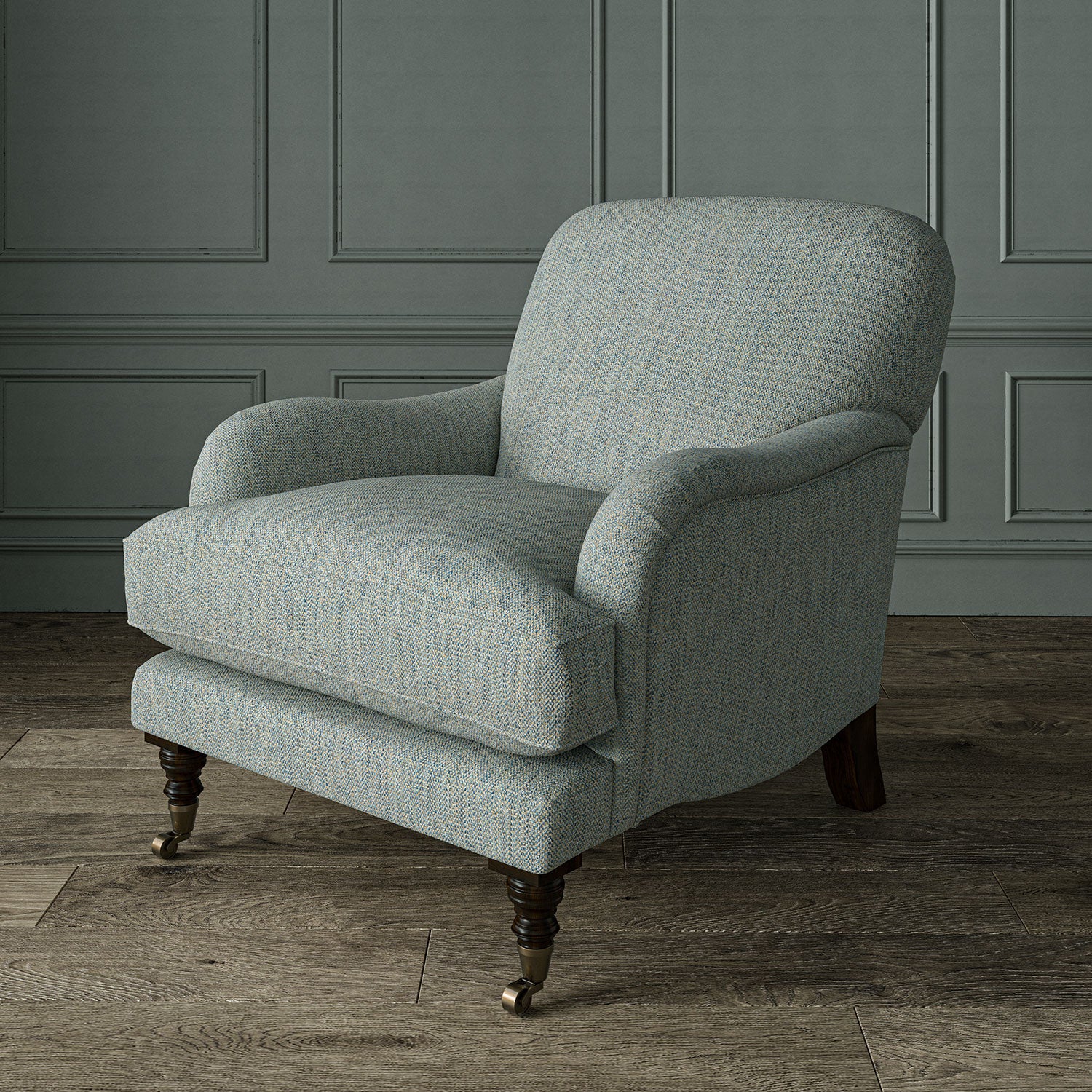 Armchair in Loxley Bluestone by Linwood – durable, Italian-woven natural fibre fabric in muted blue.