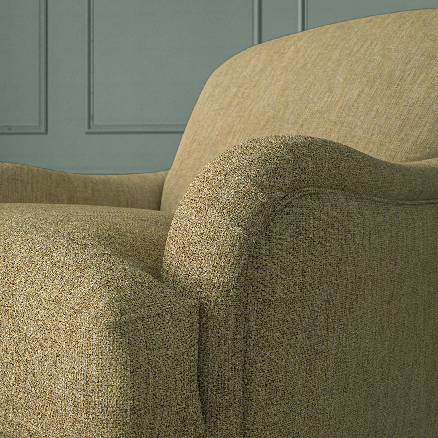 Close-up of armchair in Loxley Buttermilk by Linwood – durable, Italian-woven natural fibre fabric in warm cream-yellow.