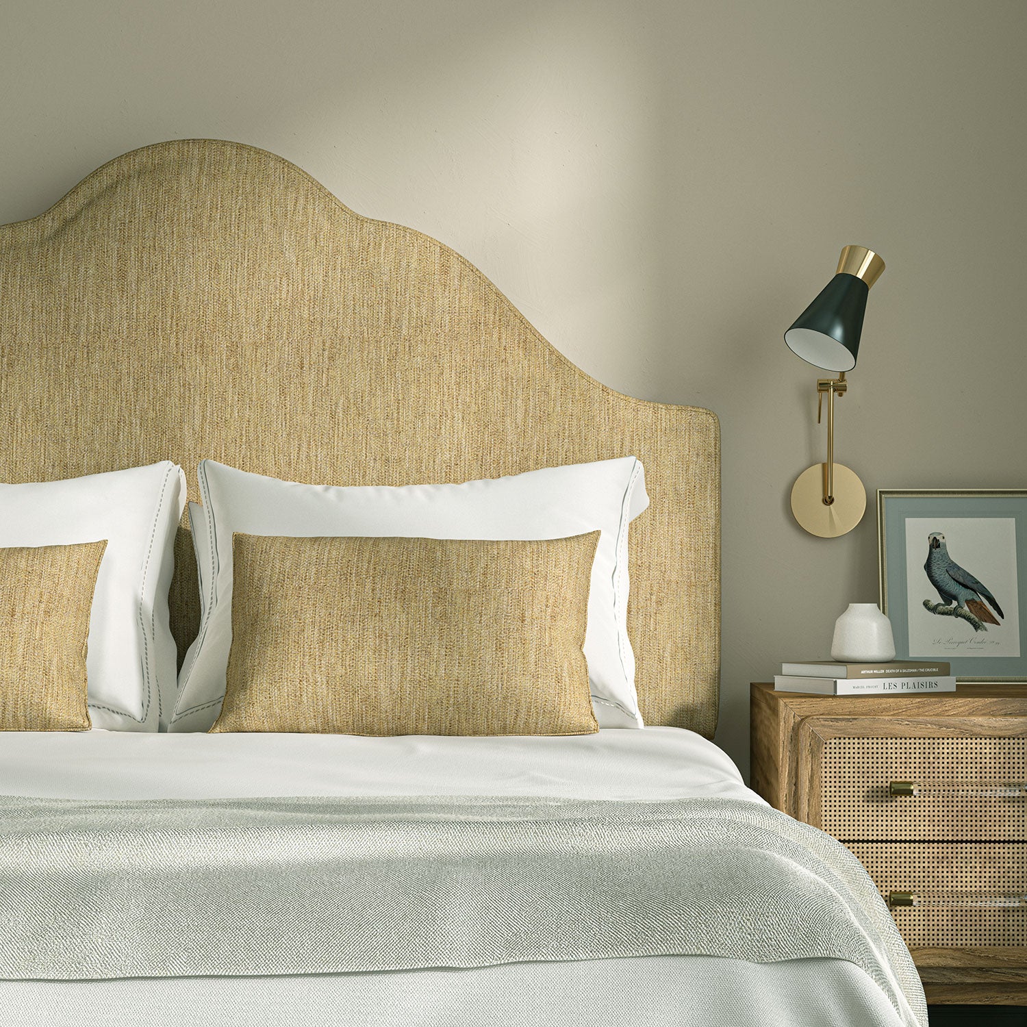 Upholstered headboard in Loxley Buttermilk by Linwood – Italian-woven yellow weave.