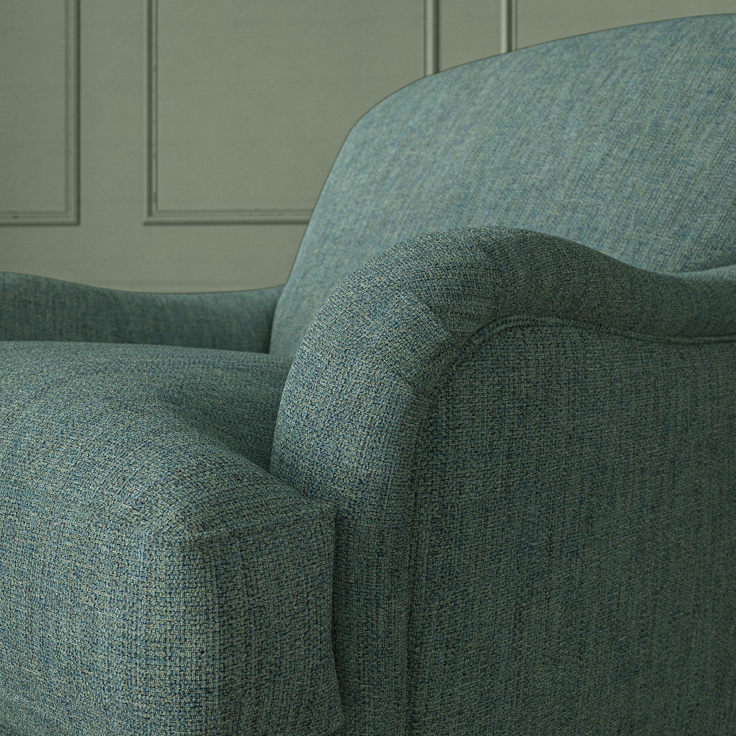 Close up of armchair in Loxley Cerulean by Linwood – durable, Italian-woven natural fibre fabric in blue.