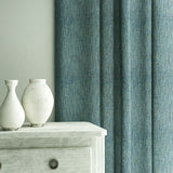 Loxley Cerulean fabric by Linwood – close-up of natural fibre weave in textured blue tones.