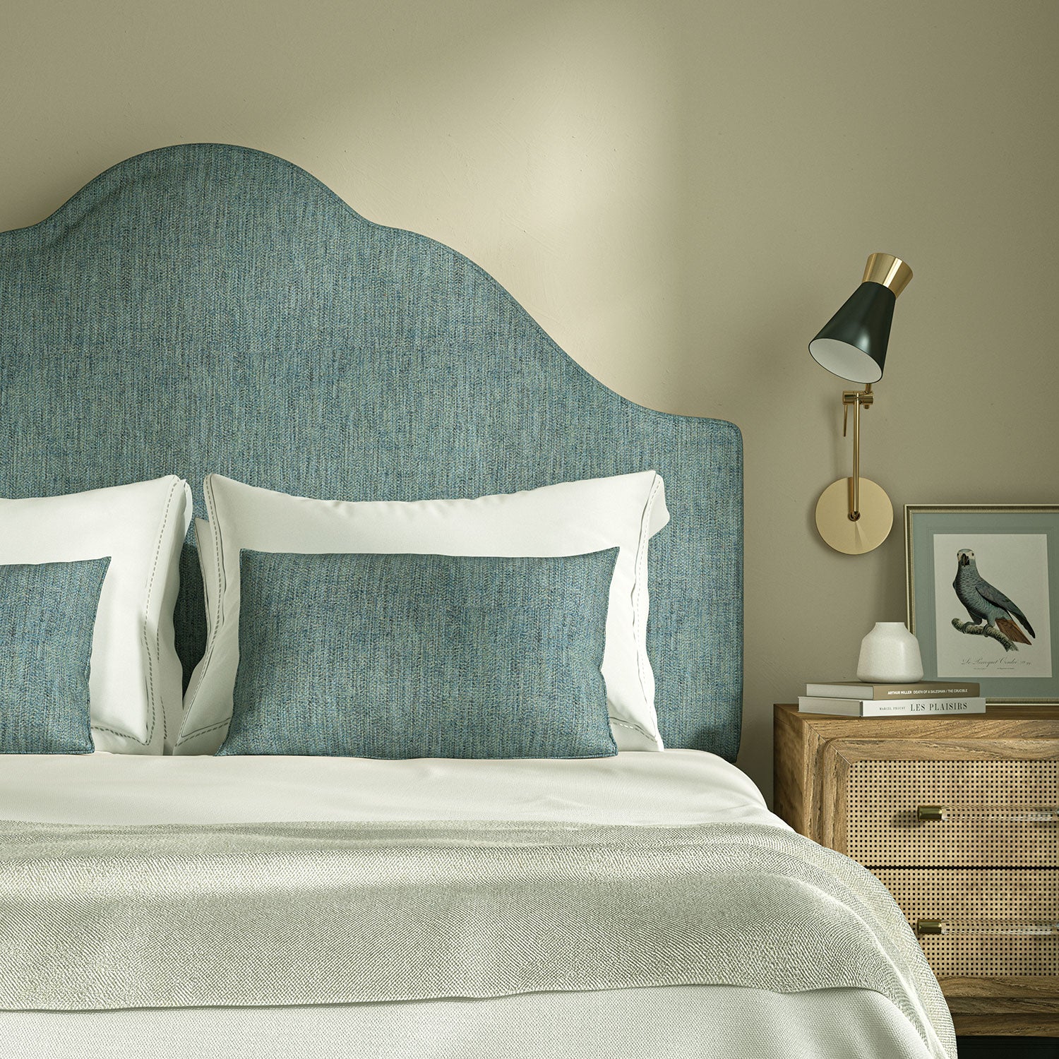 Upholstered headboard in Loxley Cerulean by Linwood – Italian-woven blue weave.