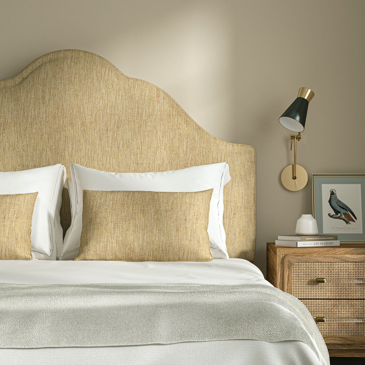 Upholstered headboard in Loxley Cornsilk by Linwood – Italian-woven yellow weave.