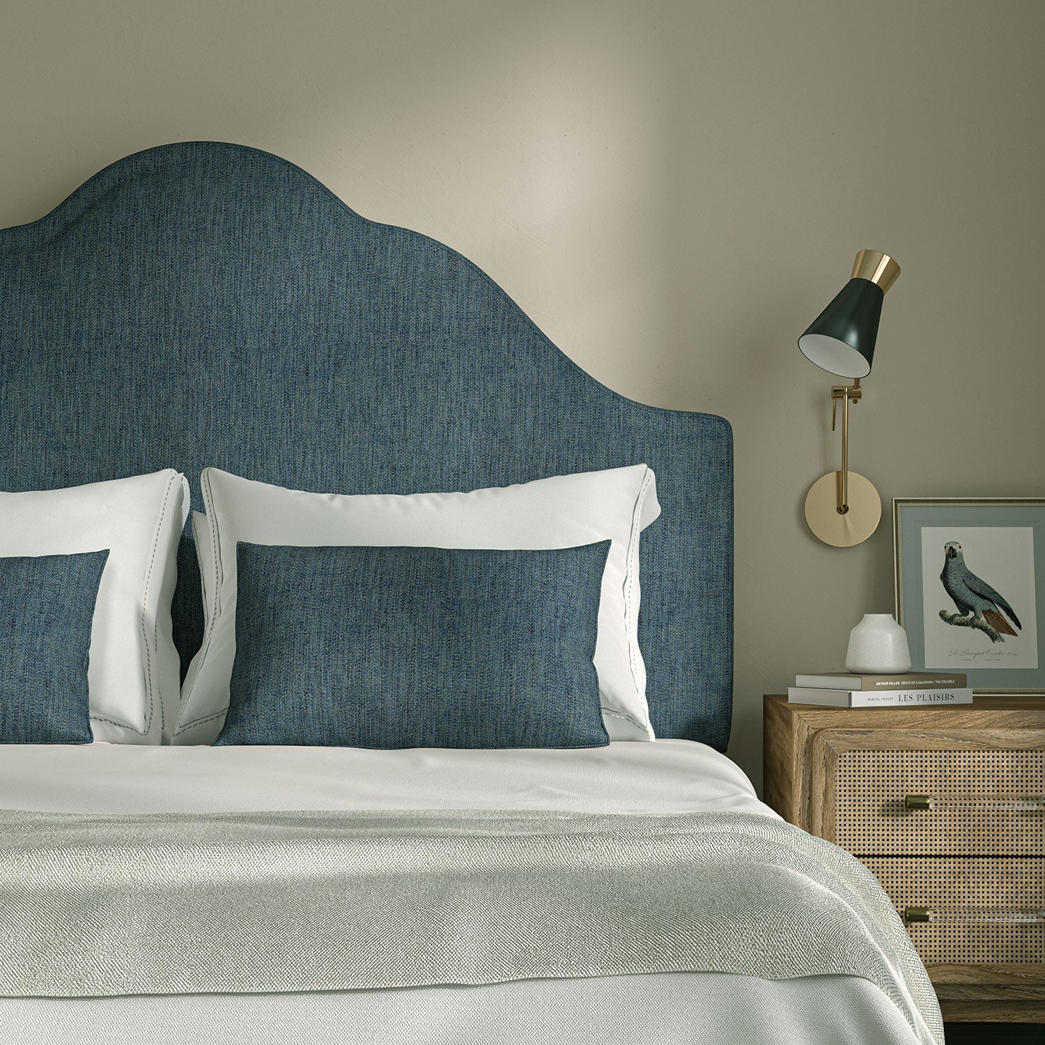 Upholstered headboard in Loxley Denim by Linwood – Italian-woven blue weave.