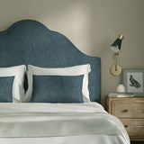 Upholstered headboard in Loxley Denim by Linwood – Italian-woven blue weave.