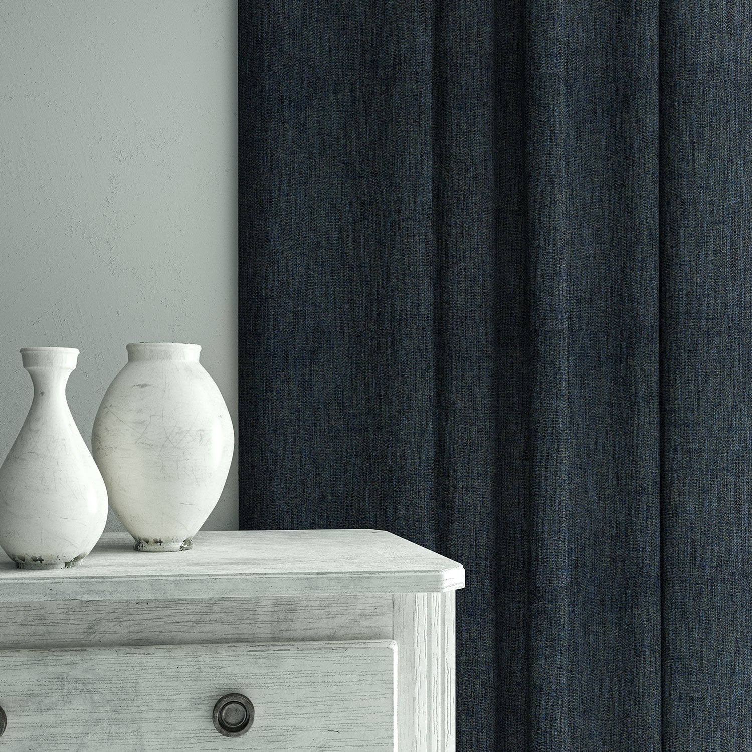 Curtains in Loxley Indigo by Linwood – blue Italian-woven fabric with rich texture and depth.
