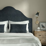 Upholstered headboard in Loxley Indigo by Linwood – Italian-woven blue weave.