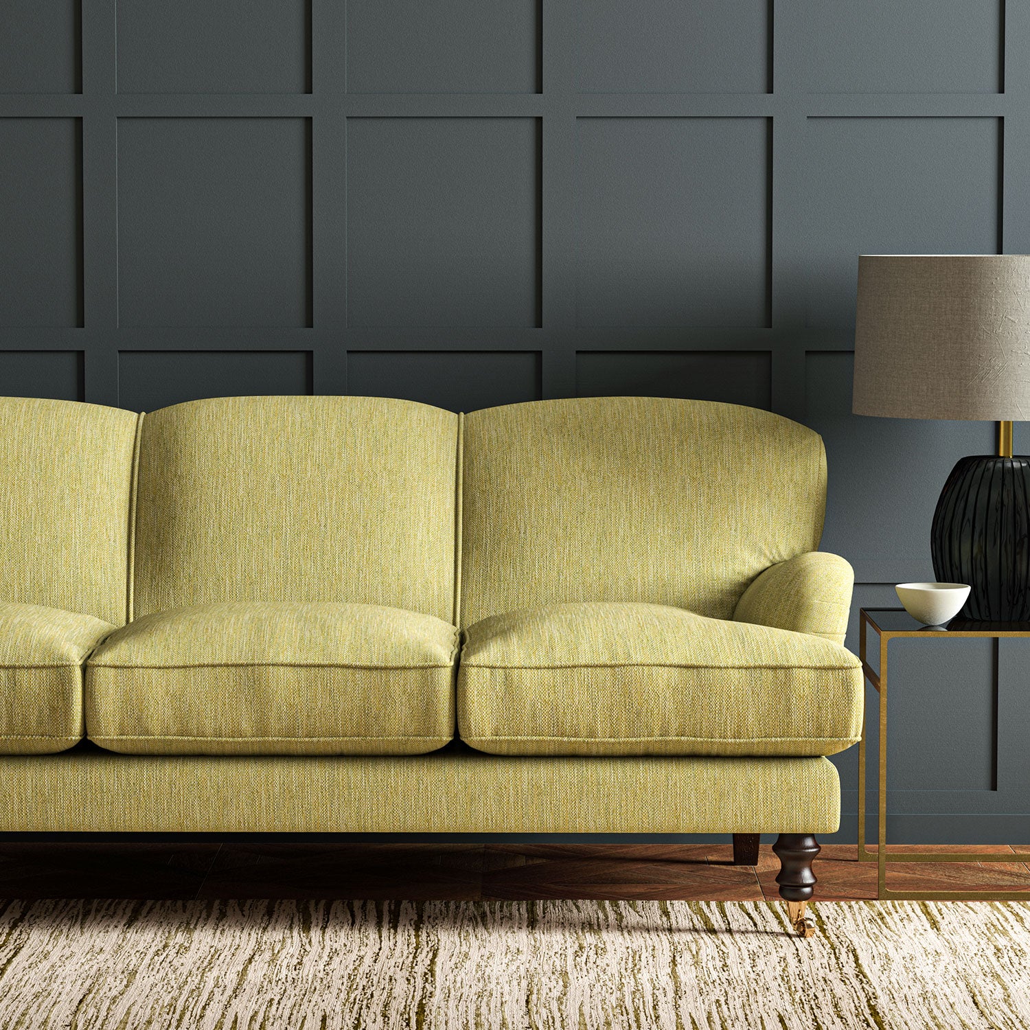 Sofa in Linwood’s Loxley Lime – Italian-woven green fabric with tactile texture and versatility.