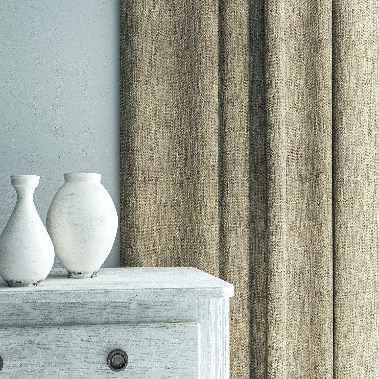 Curtain in Loxley Linen by Linwood – beige Italian-woven fabric with rich texture and depth.