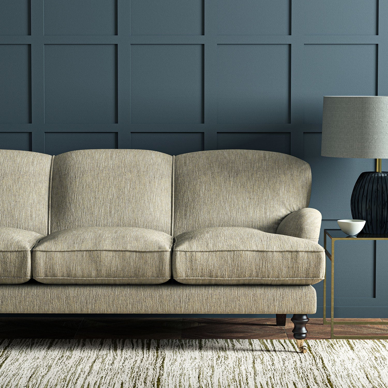 Sofa in Linwood’s Loxley Linen – Italian-woven beige fabric with tactile texture and versatility.