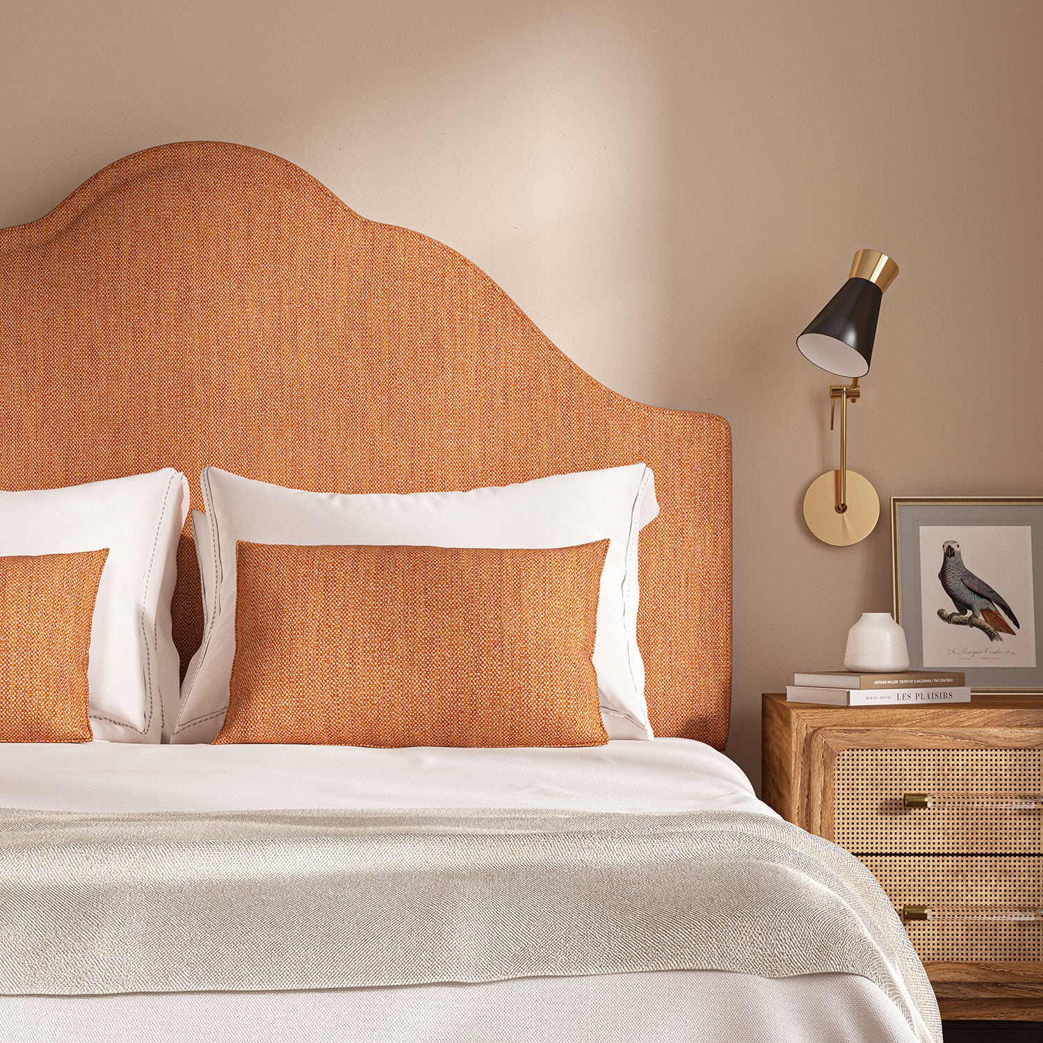 Upholstered headboard in Loxley Marmalade by Linwood – Italian-woven orange weave.