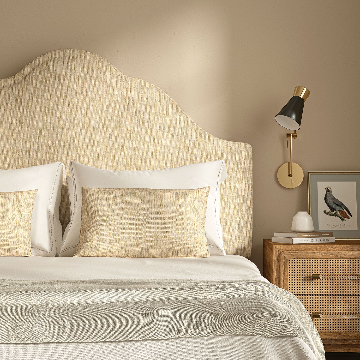 Upholstered headboard in Loxley Oatmeal by Linwood – Italian-woven neutral weave.
