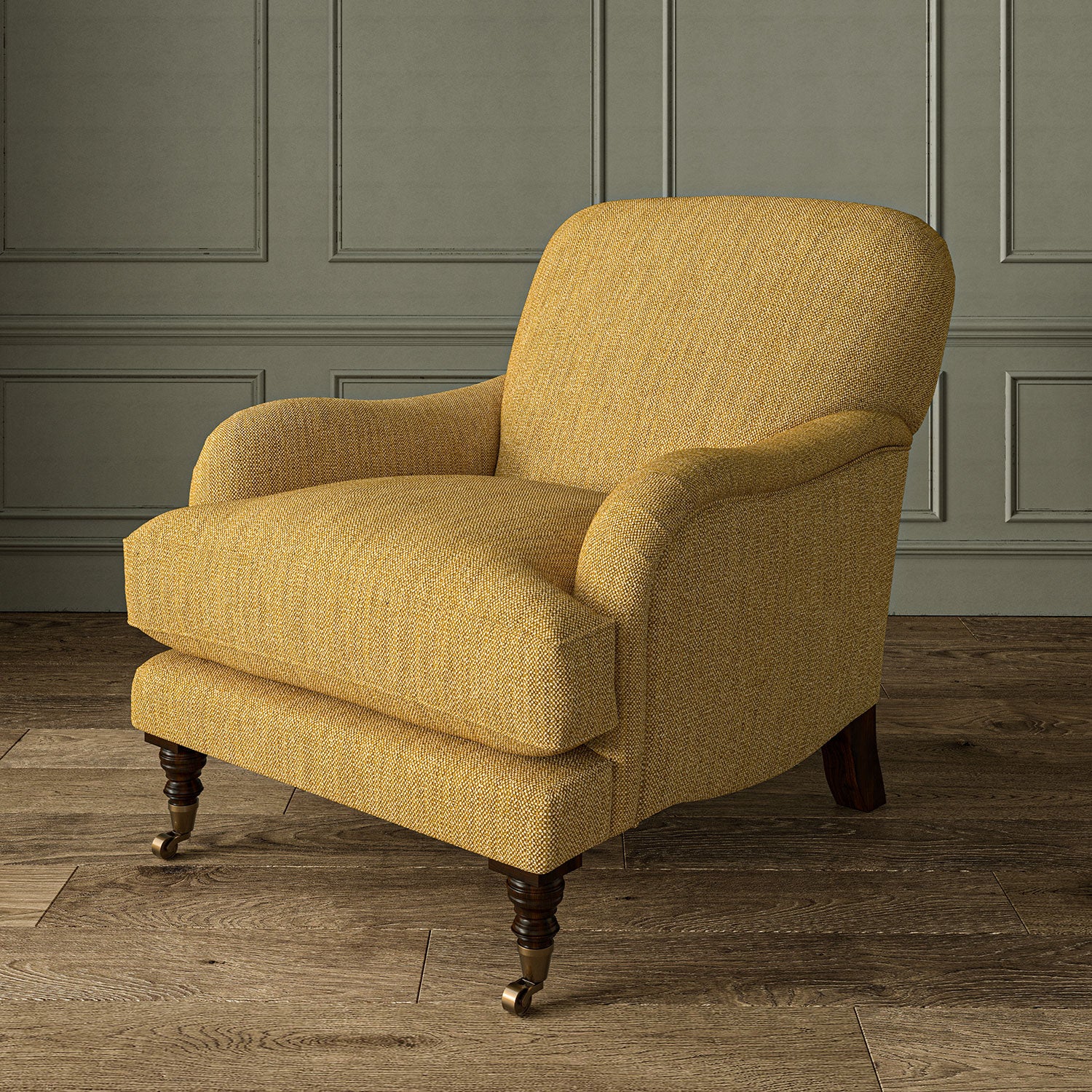 Armchair in Loxley Ochre by Linwood – durable, Italian-woven natural fibre fabric in rich mustard yellow.