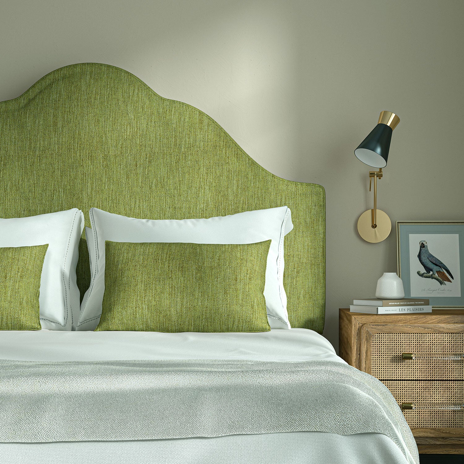 Upholstered headboard in Loxley Pistachio by Linwood – Italian-woven green weave.