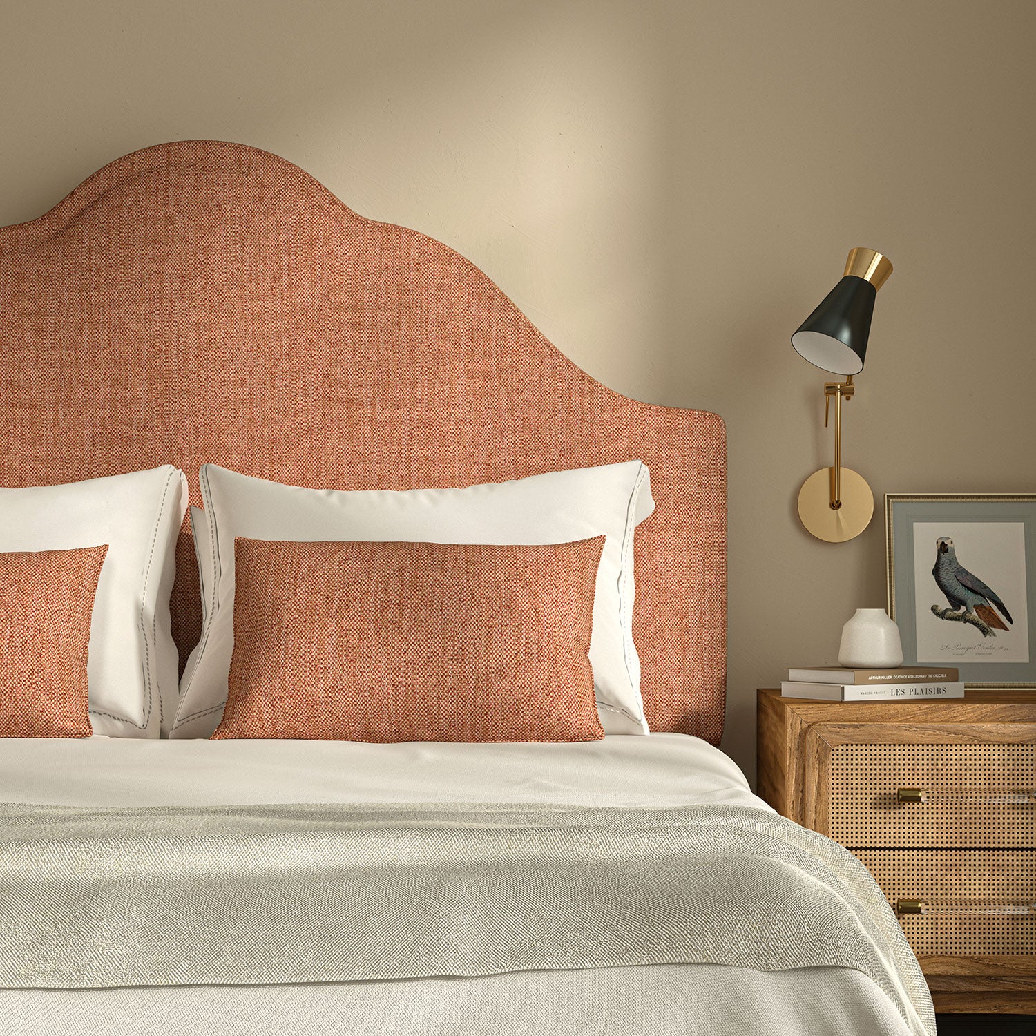 Upholstered headboard in Loxley Punch by Linwood – Italian-woven pink-red weave.