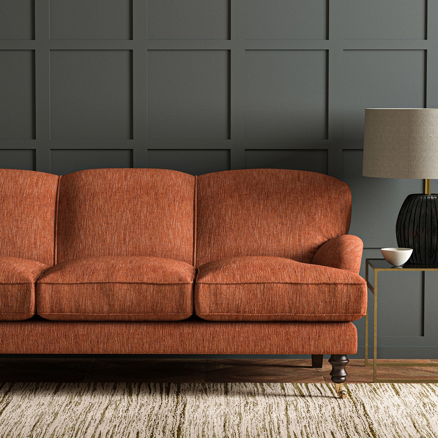 Sofa in Linwood’s Loxley Redwood – Italian-woven red-brown fabric with tactile texture and versatility.
