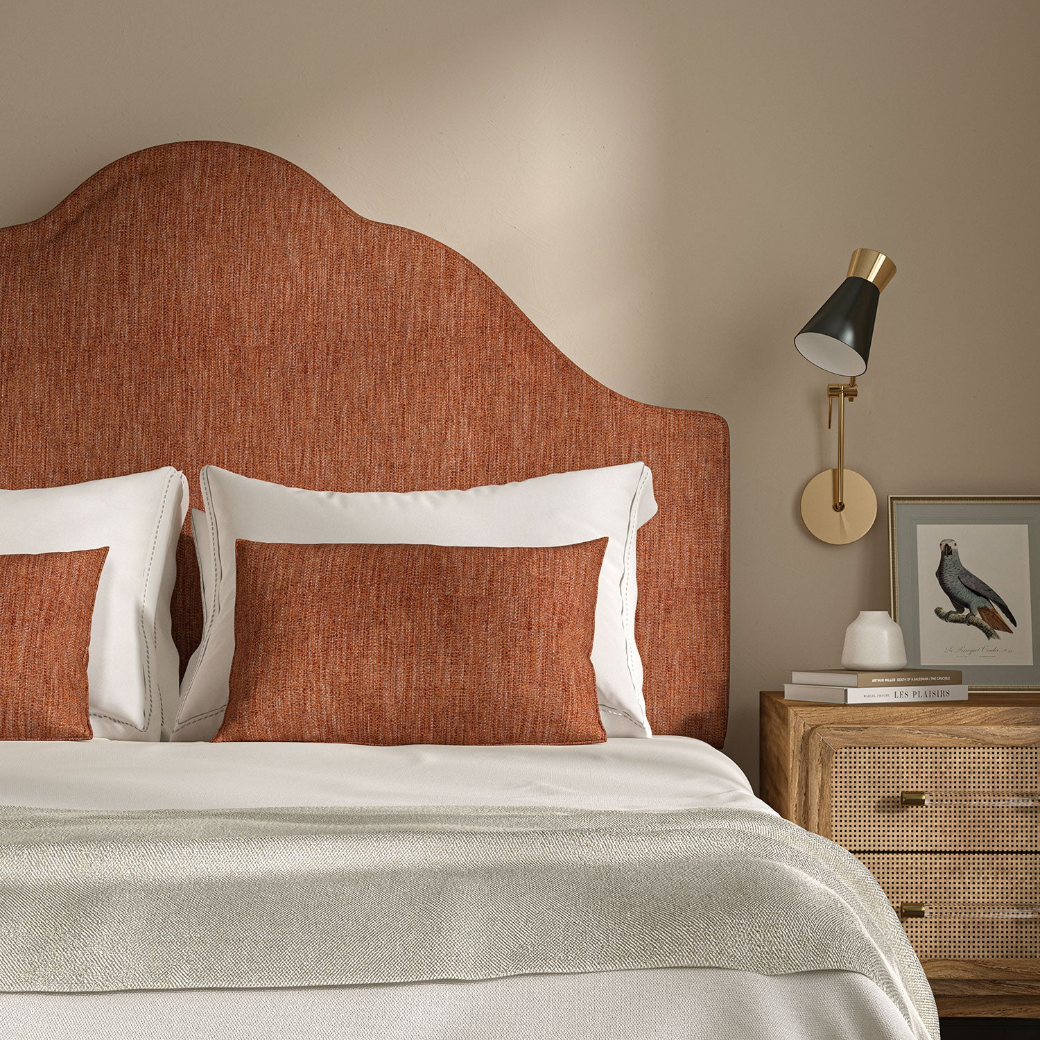 Upholstered headboard in Loxley Redwood by Linwood – Italian-woven red-brown weave.