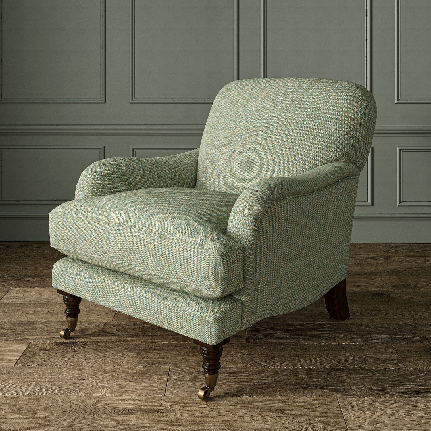 Armchair in Loxley Seagreen by Linwood – durable, Italian-woven natural fibre fabric in muted green.