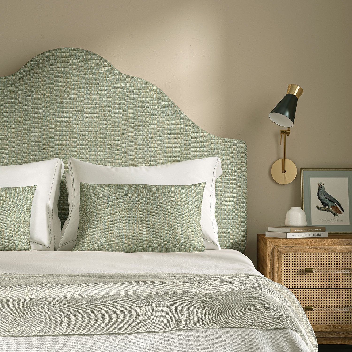 Upholstered headboard in Loxley Seagreen by Linwood – Italian-woven green weave.