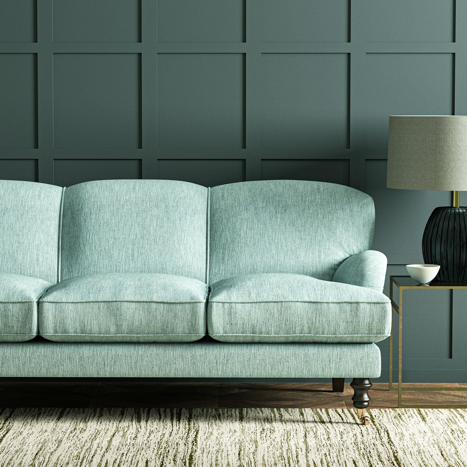 Sofa in Linwood’s Loxley Sky – Italian-woven blue fabric with tactile texture and versatility.