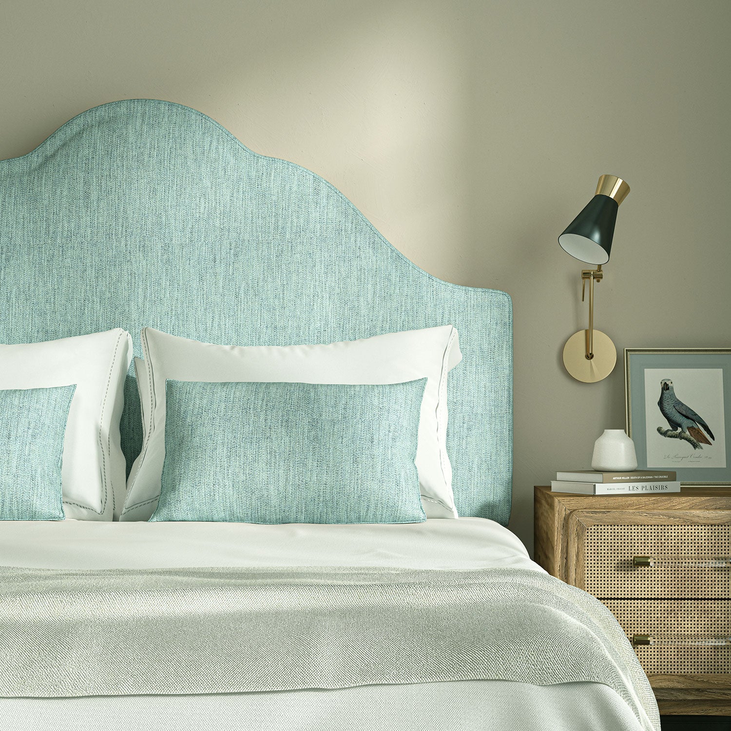 Upholstered headboard in Loxley Sky by Linwood – Italian-woven blue weave.