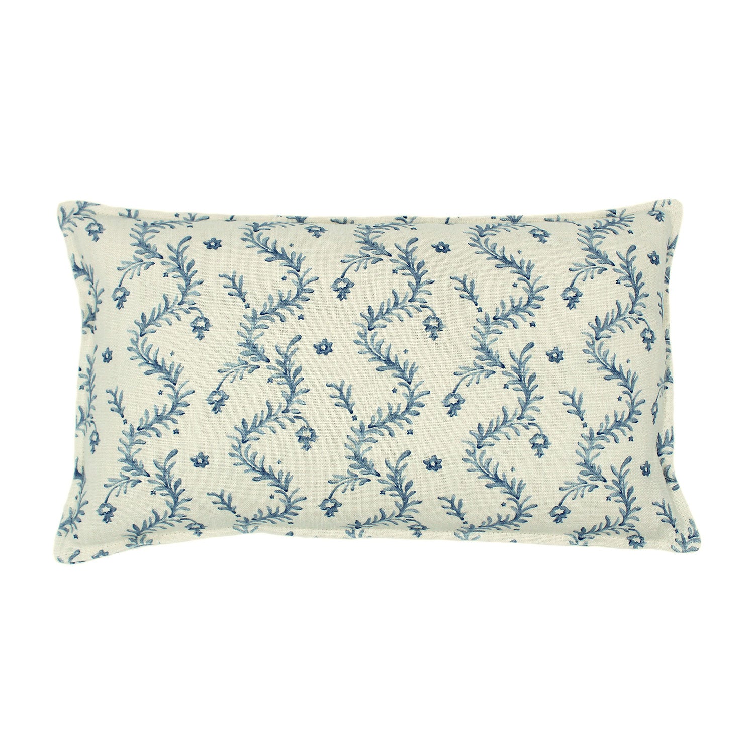 A blue and cream linen cushion with a marine-style pattern.