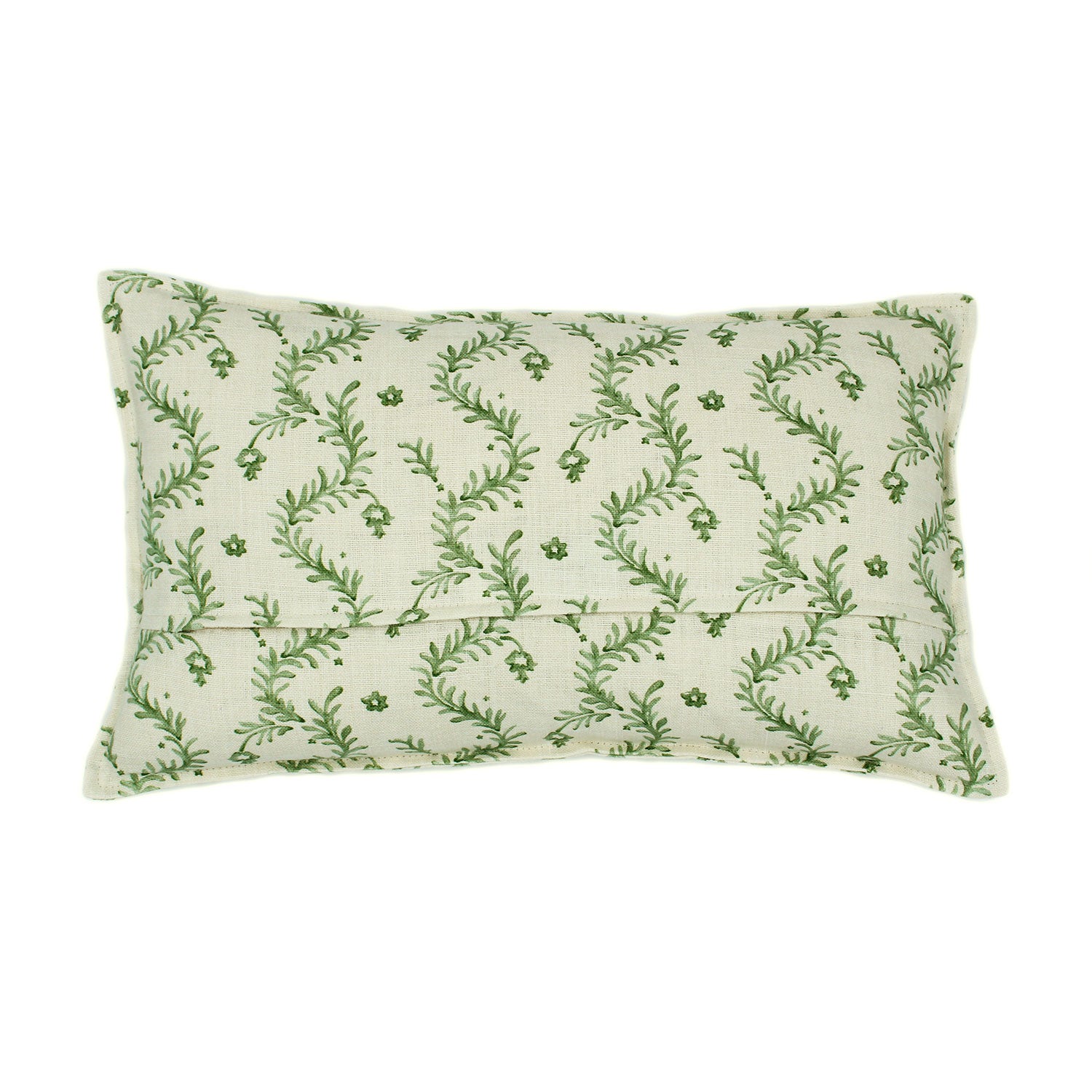 A green and cream linen cushion with a marine-style pattern.